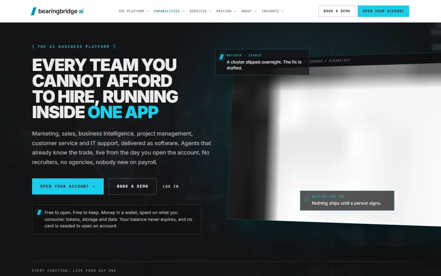 The BearingBridge AI homepage at bearingbridge.com